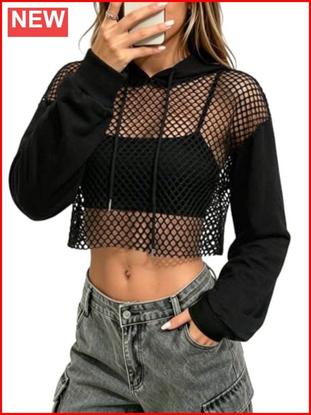 Cropped Hoodie Fishnet Mesh Long Sleeve Crop Top Sweatshirt Shrug